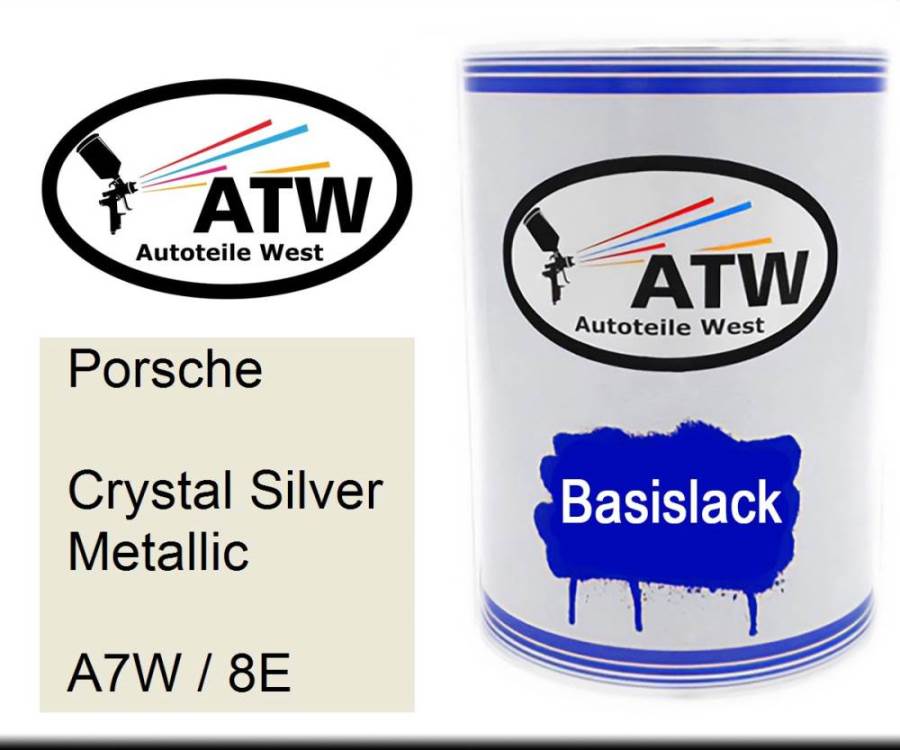 Porsche, Crystal Silver Metallic, A7W / 8E: 500ml Lackdose, von ATW Autoteile West.